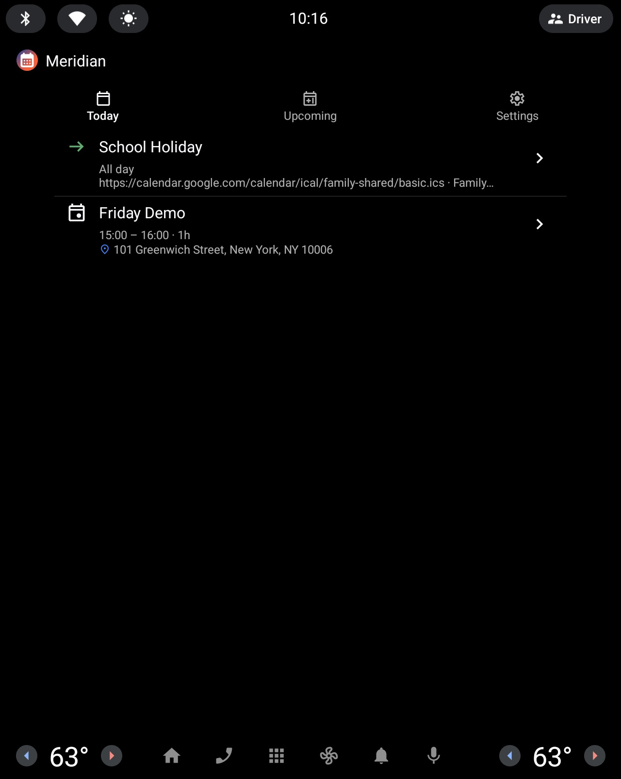 Meridian calendar app showing today's events on Android Automotive